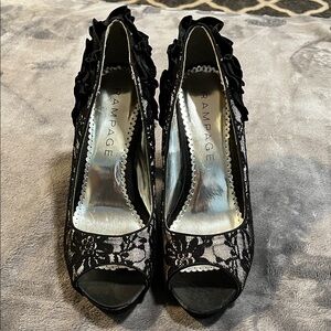 Rampage Black Lace Peep-Toe Heels with Ruffle Trim